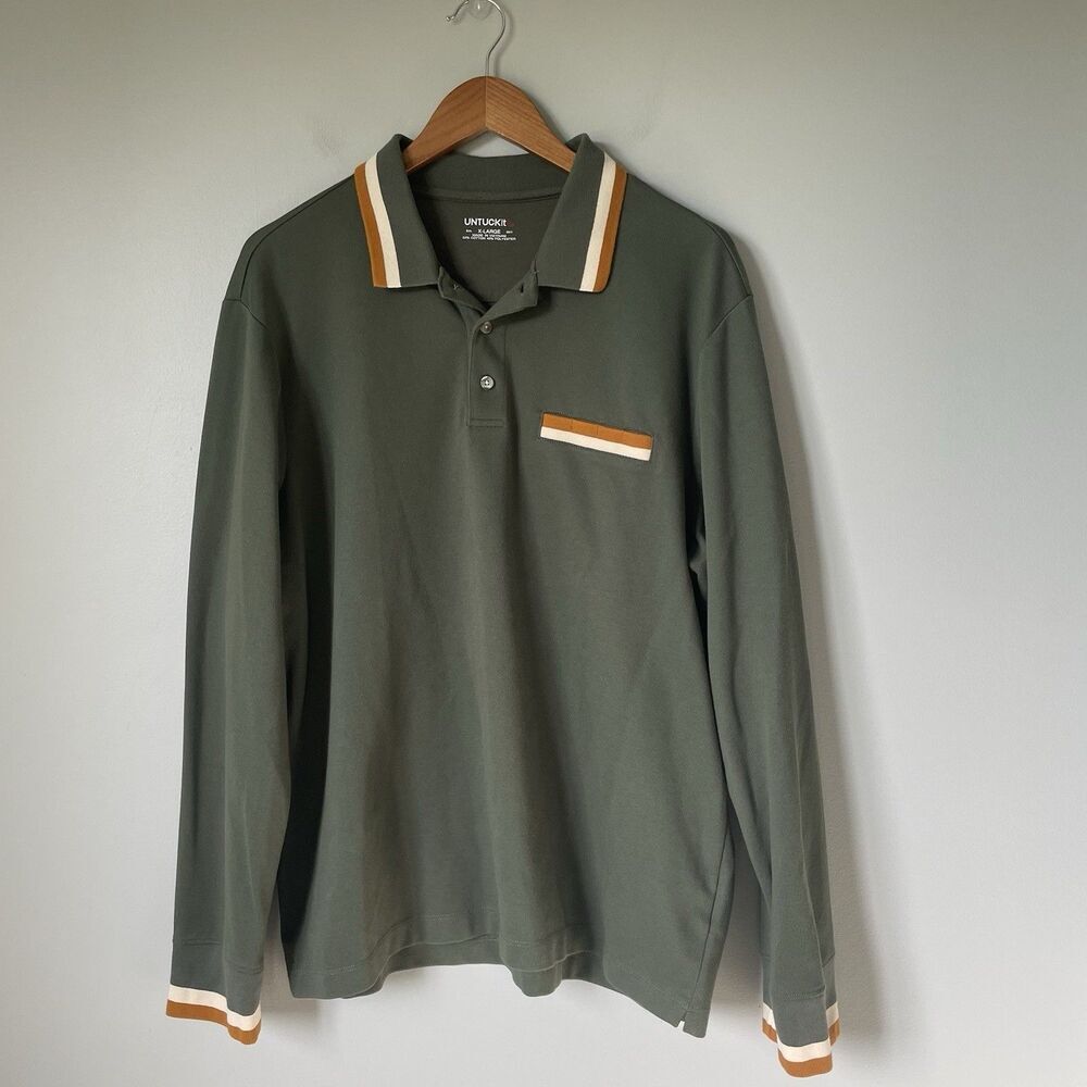 UNTUCKit Cotton Blend Collared Long Sleeve Polo Shirt Top Green Orange Men's XL